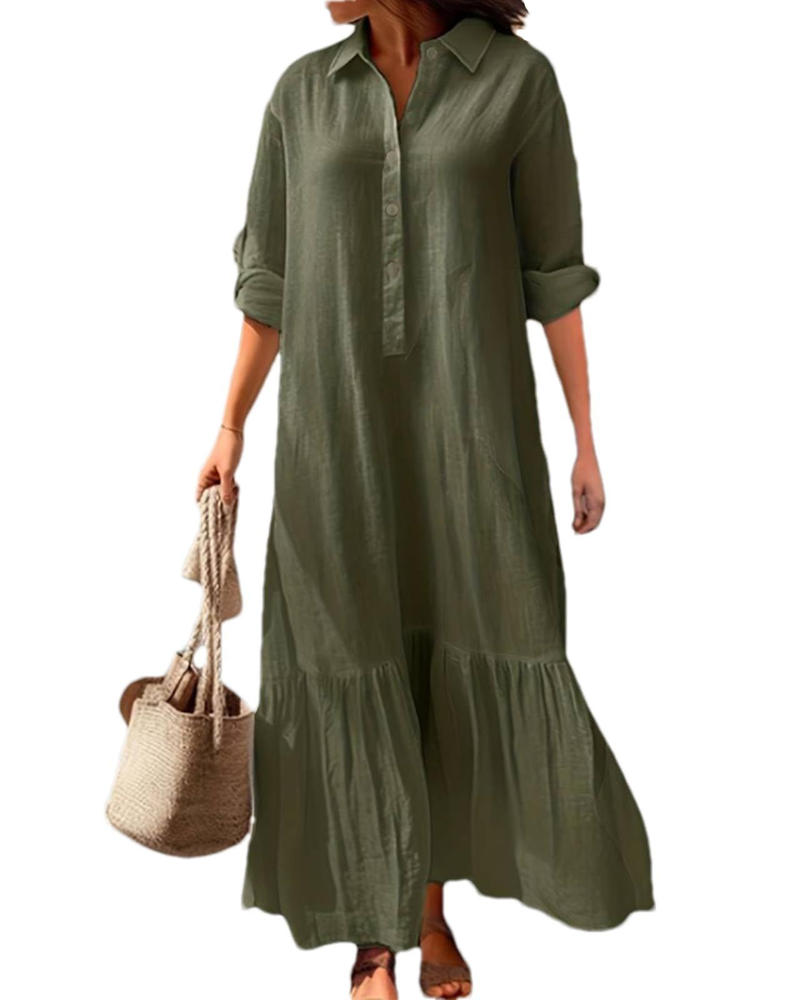 Brooke Long Dress for Women – Cotton and Linen Dress with Collar and Asymmetric Hem