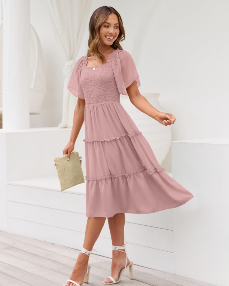 Madison női midi ruha – Chiffon ruha négyzet alakú nyakkivágással és fodrokkal