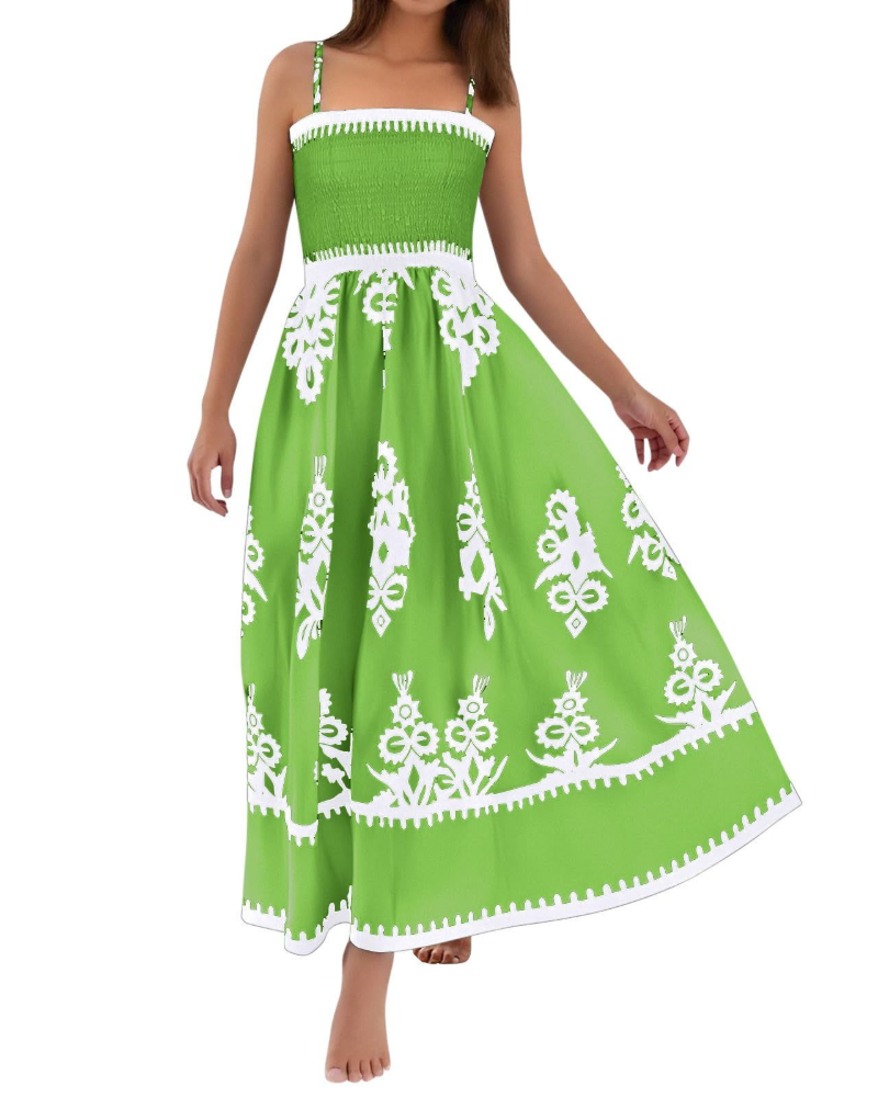 Natalie Vestito Donna Maxi – Dámské boho maxi šaty bez rukávů s potiskem a čtvercovým výstřihem