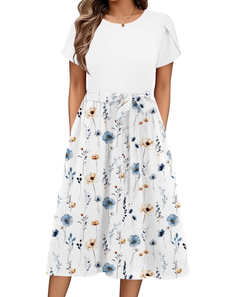 Vestido midi de mujer Maureen Abito con estampado floral – mangas de pétalo, cintura ajustable y bolsillos