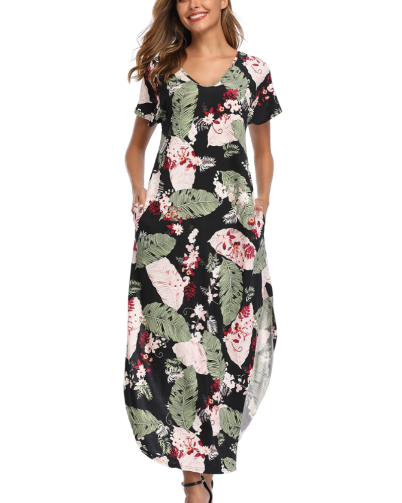 Clara Rochie Damă – Rochie Maxi Florală cu Mâneci Scurte, Spărtură și Buzunare