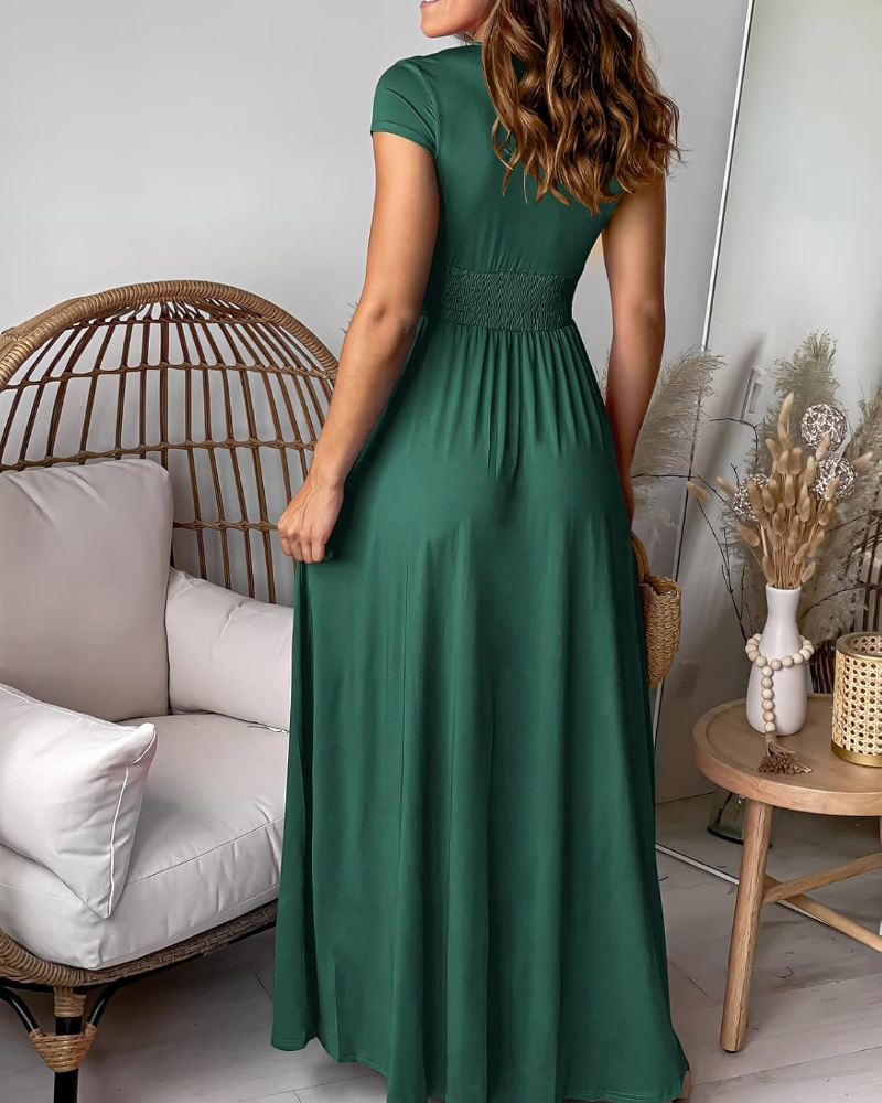 Elegancka damska sukienka maxi Savannah – głęboki dekolt w serek, rozcięcie i wysoka talia