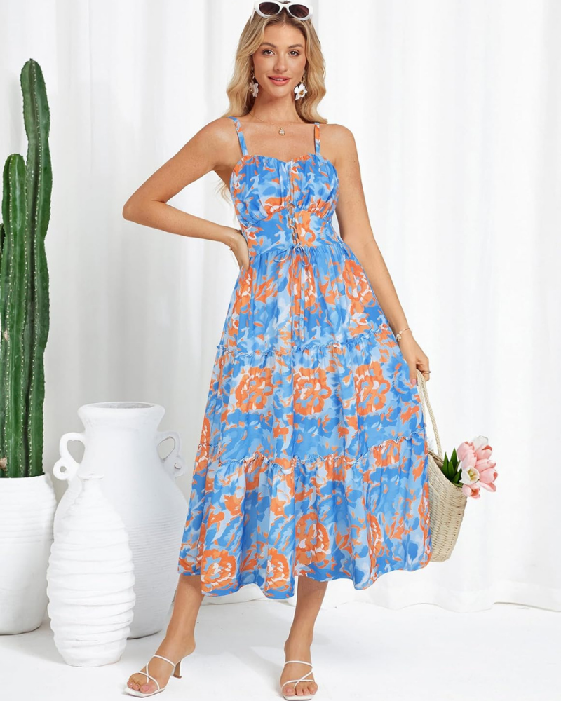 Robe midi pour femme Meredith – imprimé floral, bretelles réglables, dentelle et poches