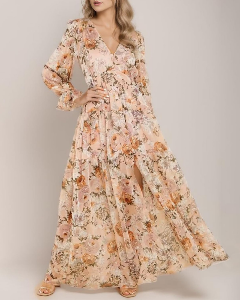 Courtney Abito Maxi Donna – Sukienka kwiatowa z szyfonu z dekoltem w serek i drapowaniem