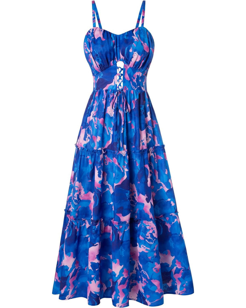 Robe midi pour femme Meredith – imprimé floral, bretelles réglables, dentelle et poches