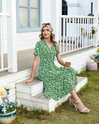 Heather Floral Women’s Midi Dress – V-Neck, High Waist, Short Sleeves, and Pockets