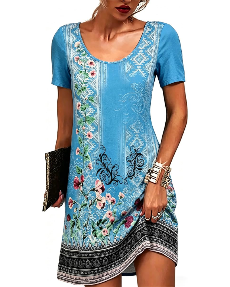 Vestido mini Priscilla para mujer, estilo bohemio – estampado floral, mangas cortas y corte holgado