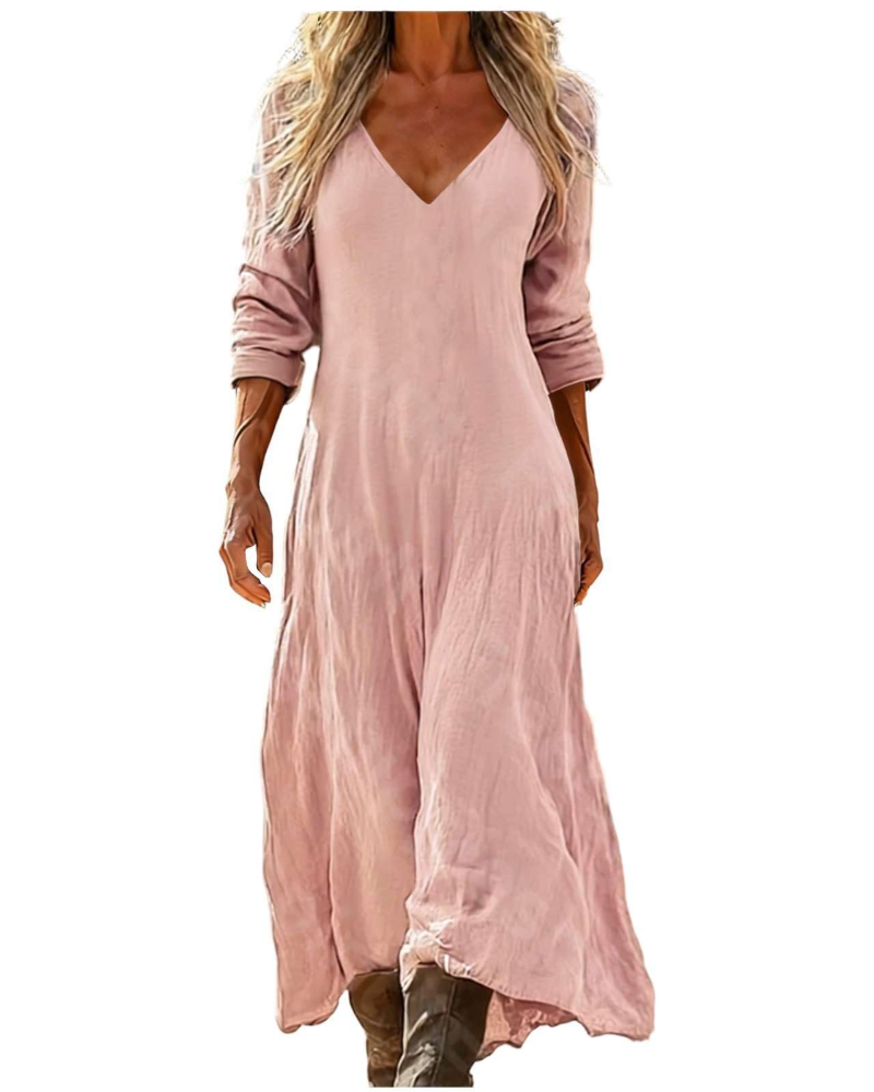 Eleanor Abito maxi damska boho – dekolt w serek, rękawy 3/4 i kieszenie