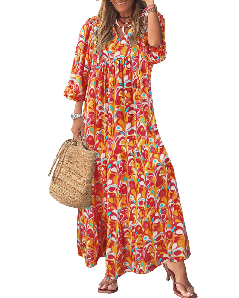 Clara Vestido de Mujer – Vestido Maxi Bohemio con Escote en V, Manga Tres Cuartos y Estampado Geométrico