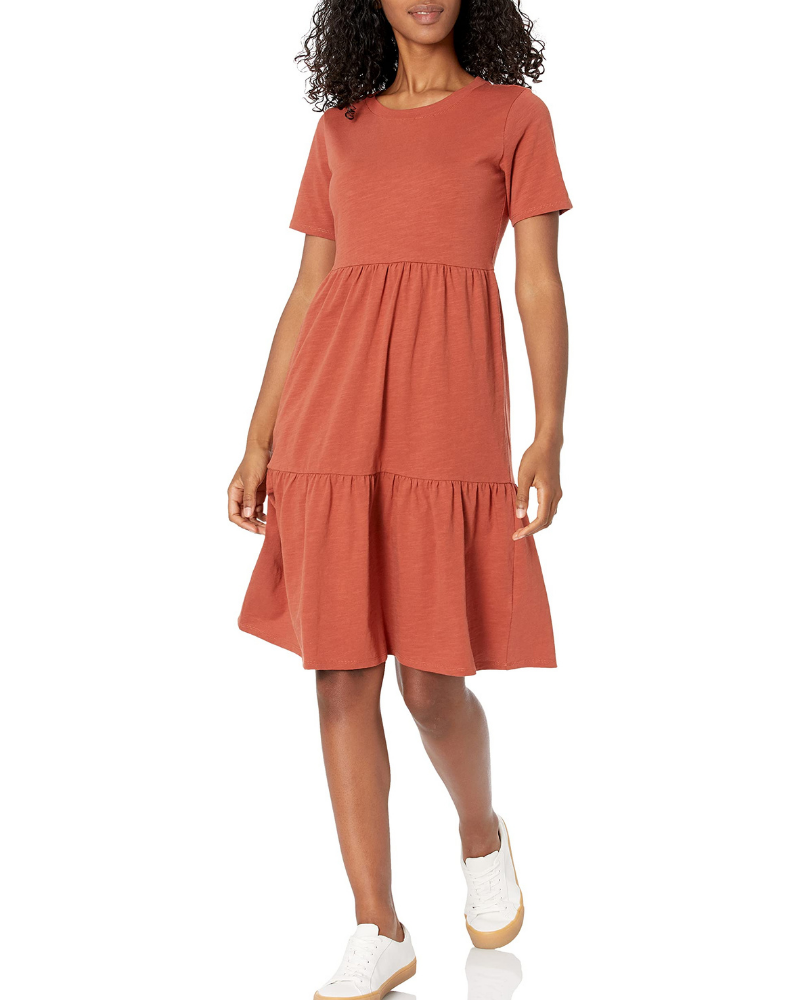 Robe évasée pour femme Bethany Abito – Robe en coton avec col rond, manches courtes et volants