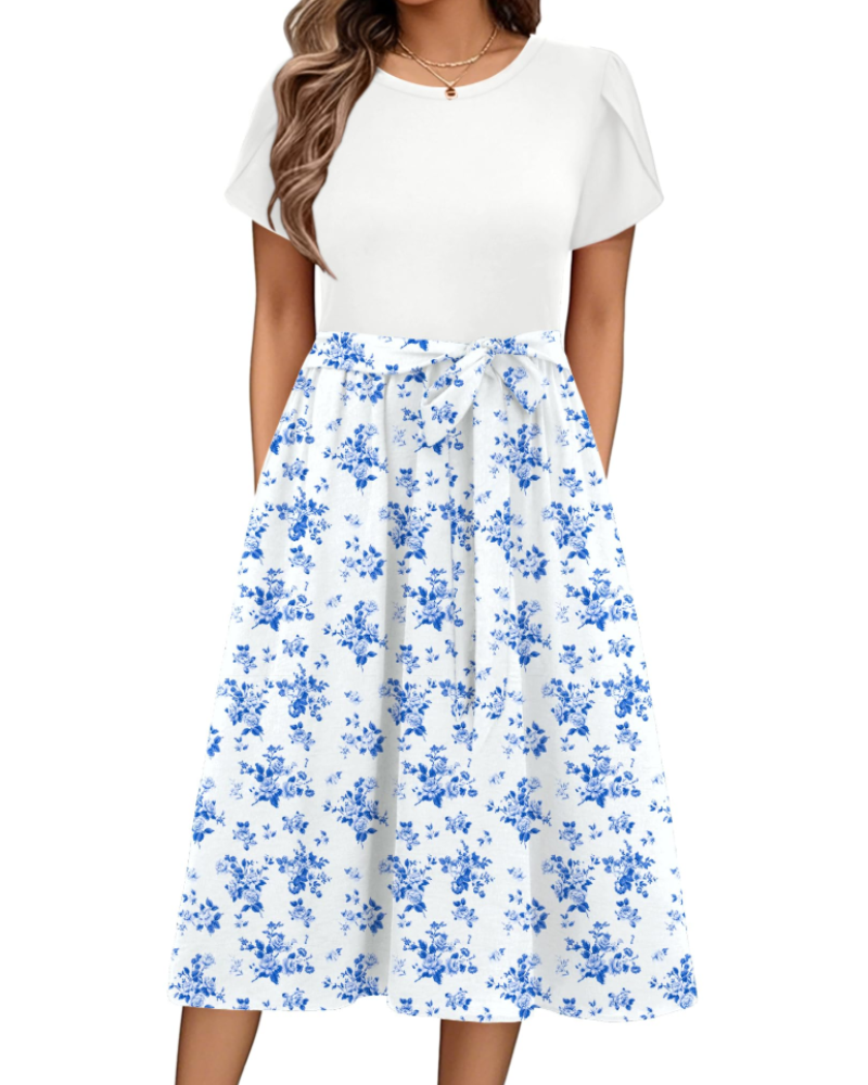 Vestido midi de mujer Maureen Abito con estampado floral – mangas de pétalo, cintura ajustable y bolsillos