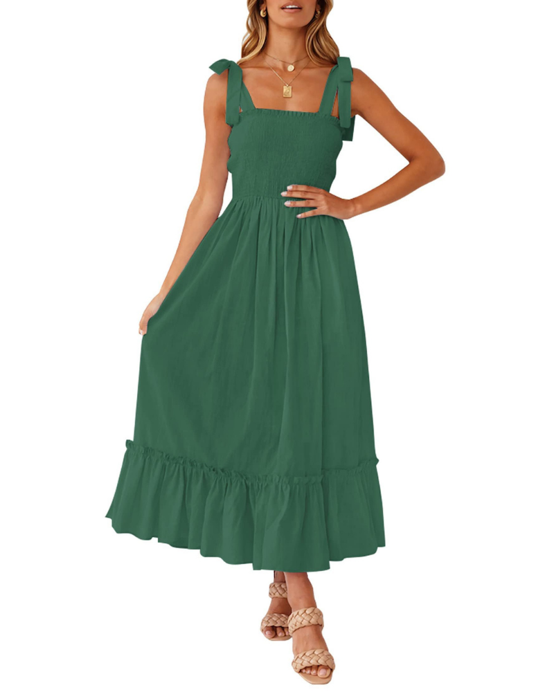 Amelia Women's Dress – Boho Floral Dress with Tied Straps, Smocked Bust & Tiered Skirt