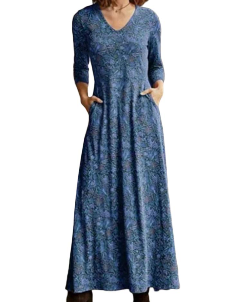 Holly Abito Maxi Damski – Sukienka Boho w Kwiaty z Dekoltem w Serek, Długimi Rękawami i Kieszeniami