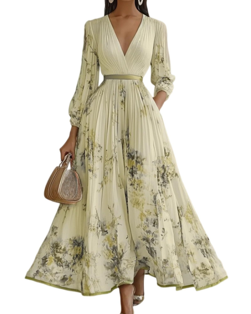Isabella Vestido Mujer Maxi – Vestido Floral de Chifón con Escote en V y Cintura Alta