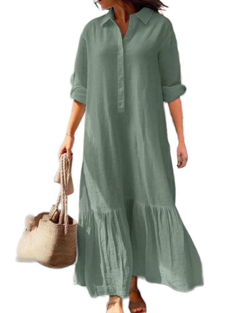 Brooke Long Dress for Women – Cotton and Linen Dress with Collar and Asymmetric Hem