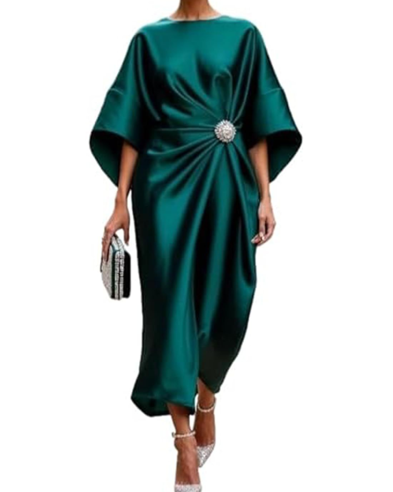 Natalie Abito Maxi Woman – Elegant Satin Dress with Batwing Sleeves and Draped Waist