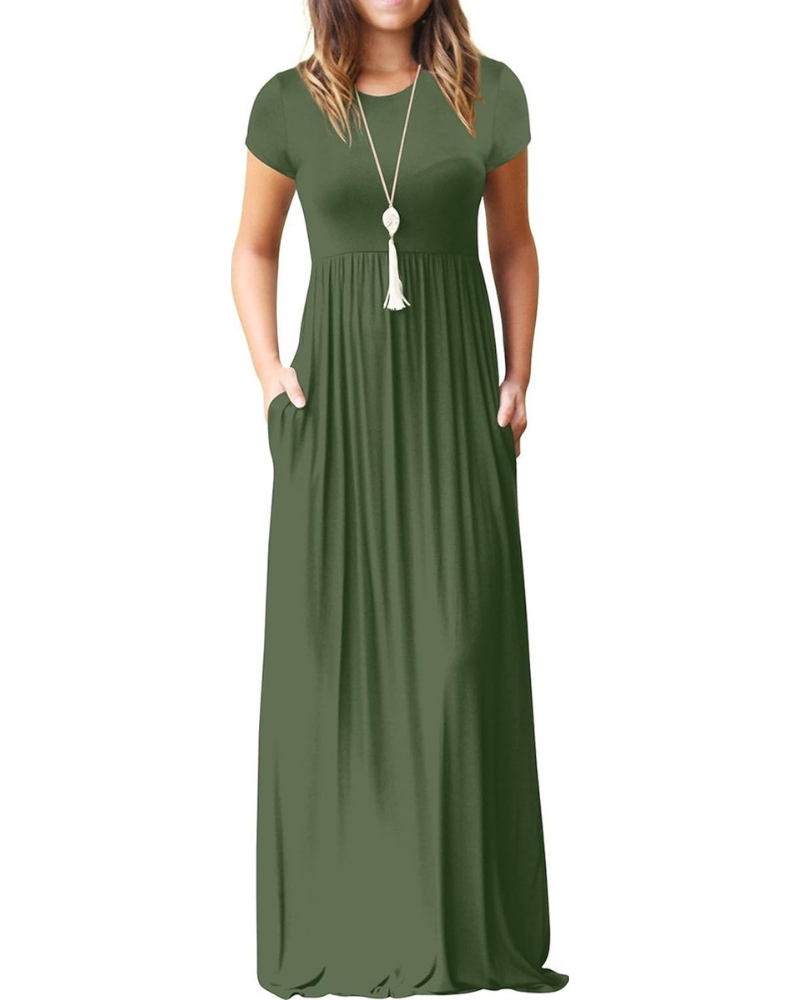 Delphine Abito Maxi Femme – Robe Longue avec Col Rond, Taille Haute et Poches