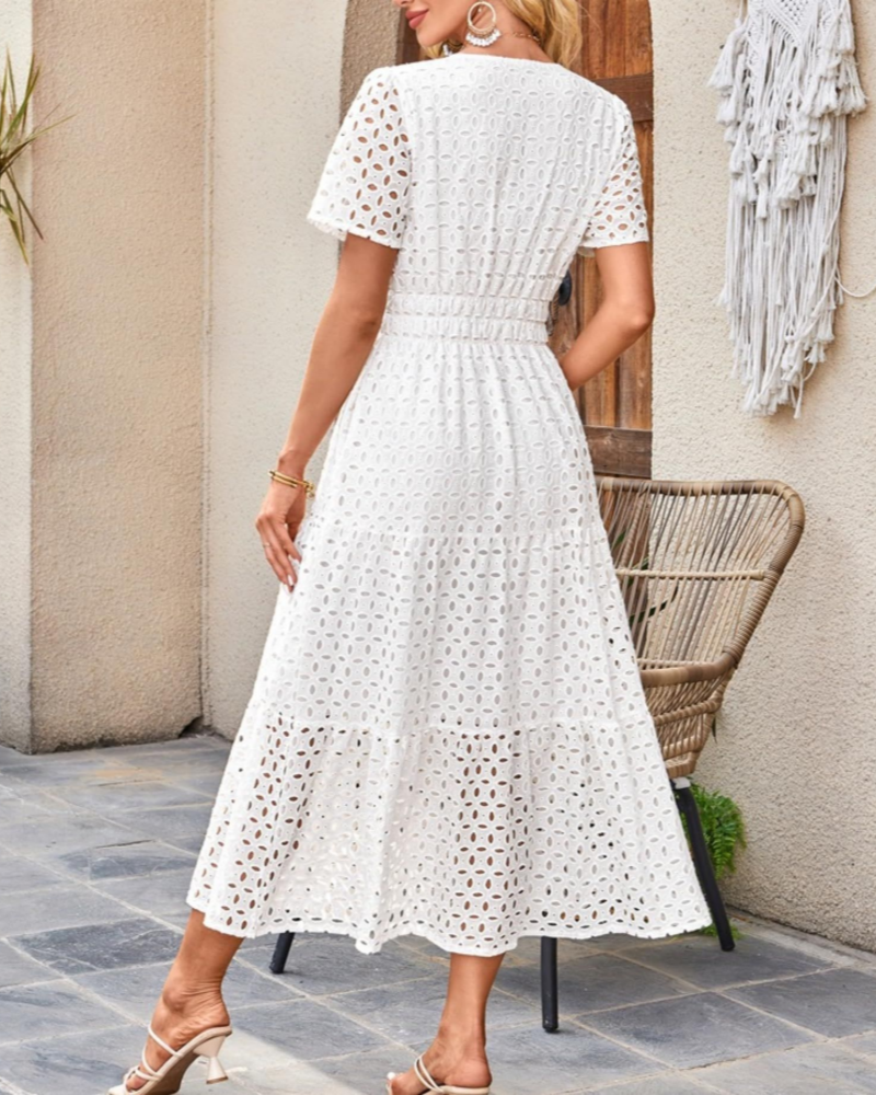 Sophia Rochie Maxi pentru Femei – Rochie de Vară din Bumbac cu Broderie, Decolteu în V și Buzunare