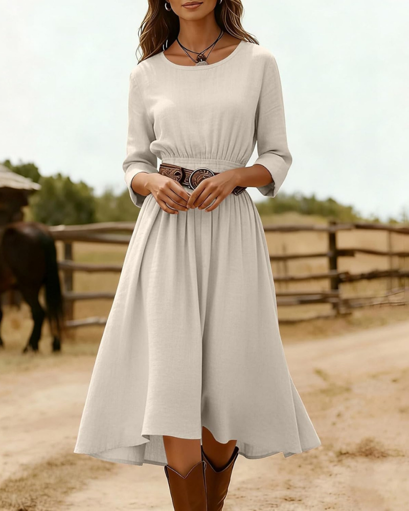Emily Women's Long Dress – Cotton and Linen, V-Neck, Short Sleeves, and Vintage Buttons