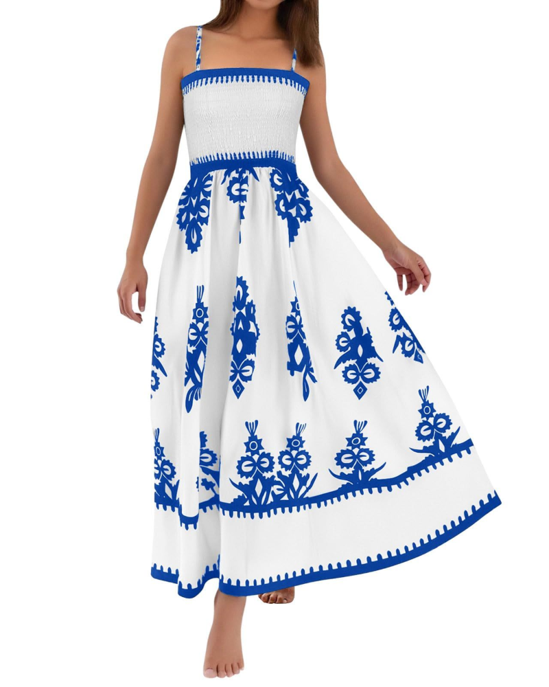 Natalie Vestito Donna Maxi – Dámské boho maxi šaty bez rukávů s potiskem a čtvercovým výstřihem