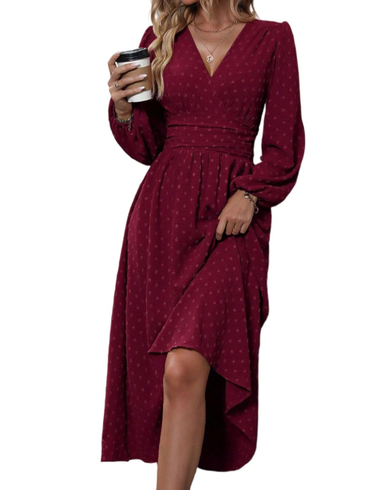 Naomi Abito Midi Woman – Polka Dot Dress with V-Neck, High Waist, and Long Sleeves