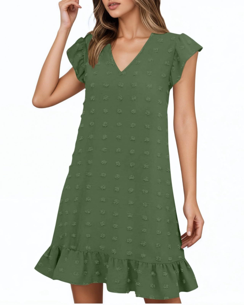 Rochie midi de vară pentru femei Audrey – Rochie cu decolteu în V și mâneci cu volane