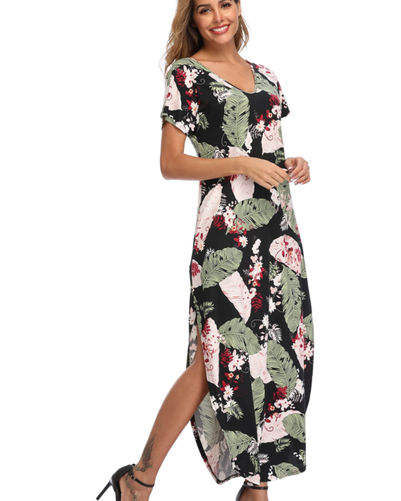 Clara Rochie Damă – Rochie Maxi Florală cu Mâneci Scurte, Spărtură și Buzunare
