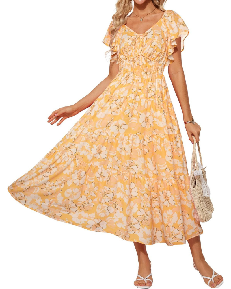 Bailey Women’s Maxi Dress – Floral Print, Square V-Neck, Ruffles, and Pockets