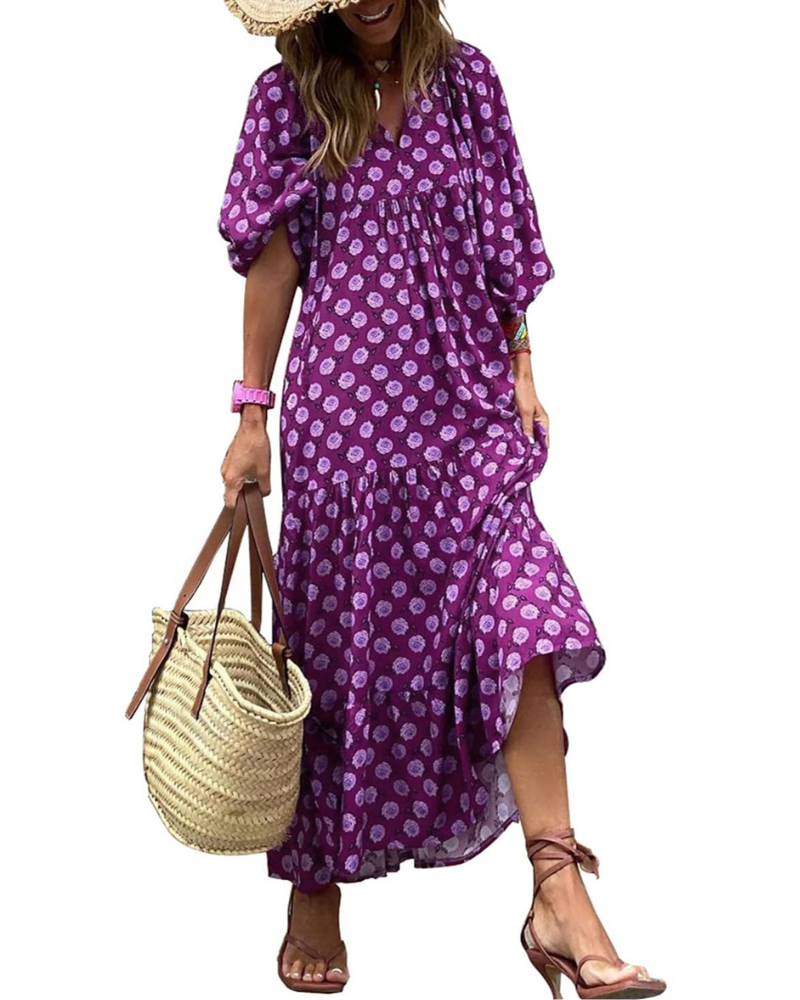 Clara Vestido de Mujer – Vestido Maxi Bohemio con Escote en V, Manga Tres Cuartos y Estampado Geométrico