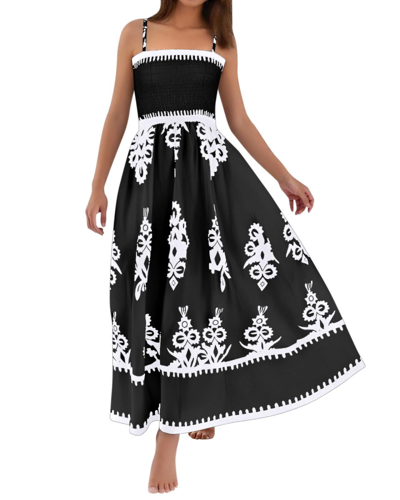 Natalie Vestito Donna Maxi – Dámské boho maxi šaty bez rukávů s potiskem a čtvercovým výstřihem