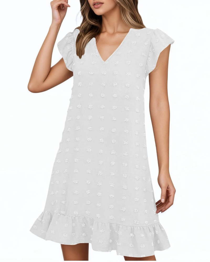 Rochie midi de vară pentru femei Audrey – Rochie cu decolteu în V și mâneci cu volane