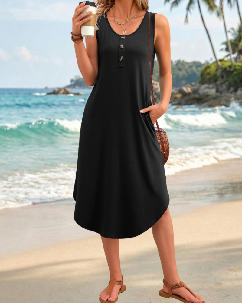 Vestido midi de mujer Tinsley – Sin mangas, botones frontales y bolsillos laterales