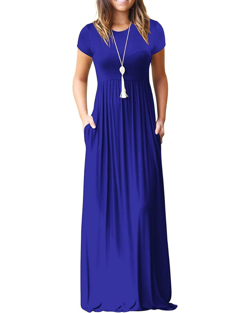 Delphine Abito Maxi Femme – Robe Longue avec Col Rond, Taille Haute et Poches