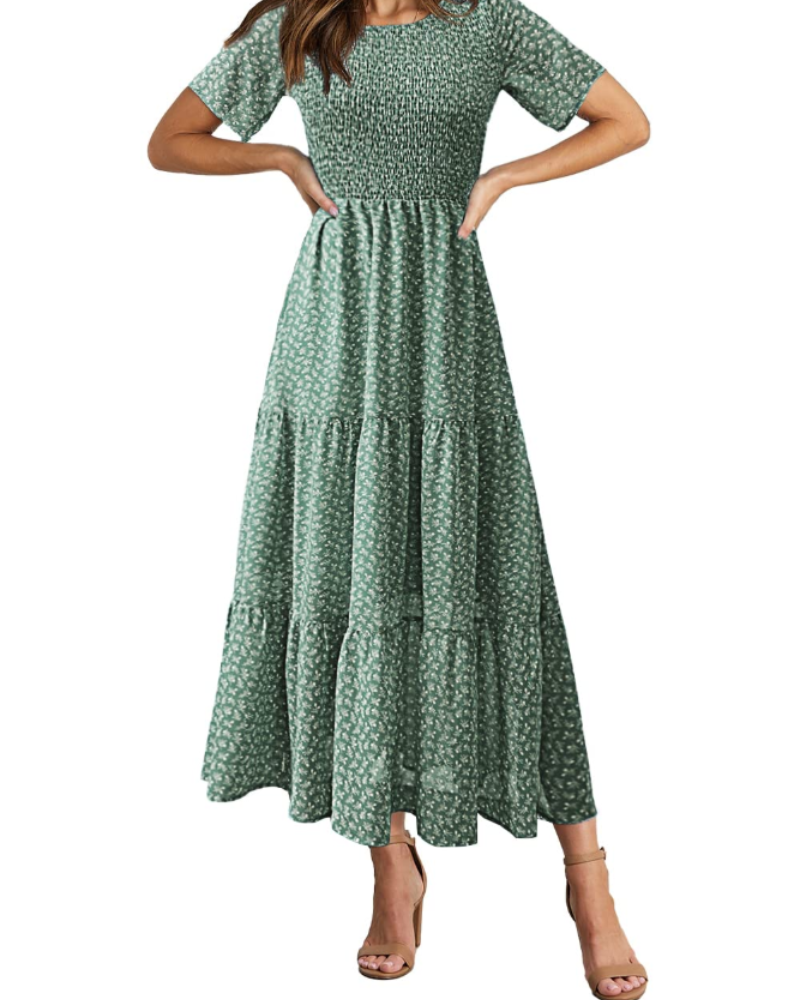 Rochie maxi pentru femei Sophia Abito – Rochie boho cu imprimeu floral, talie adunată și tiv cu volane