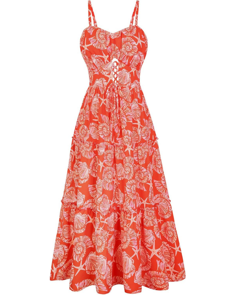 Robe midi pour femme Meredith – imprimé floral, bretelles réglables, dentelle et poches
