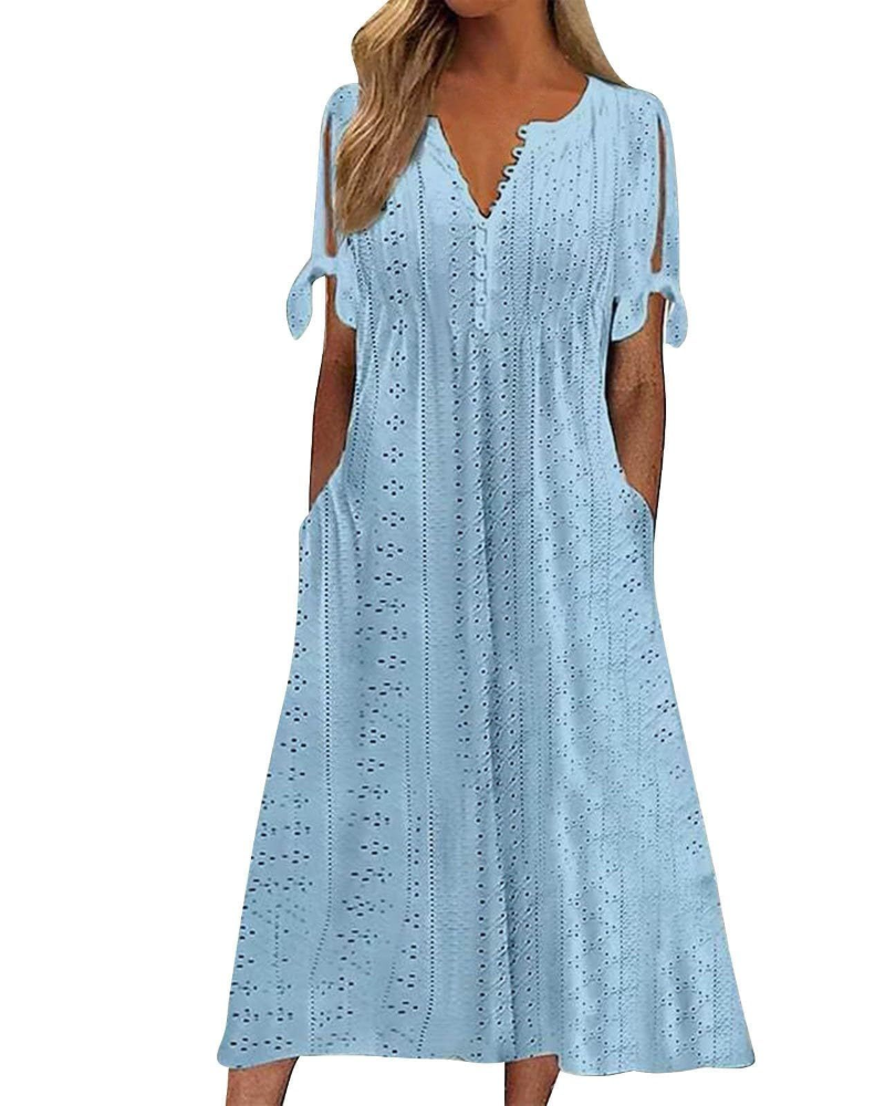 Robe midi Lillian Abito Donna – Robe bohème avec col en V, taille ajustable et poches