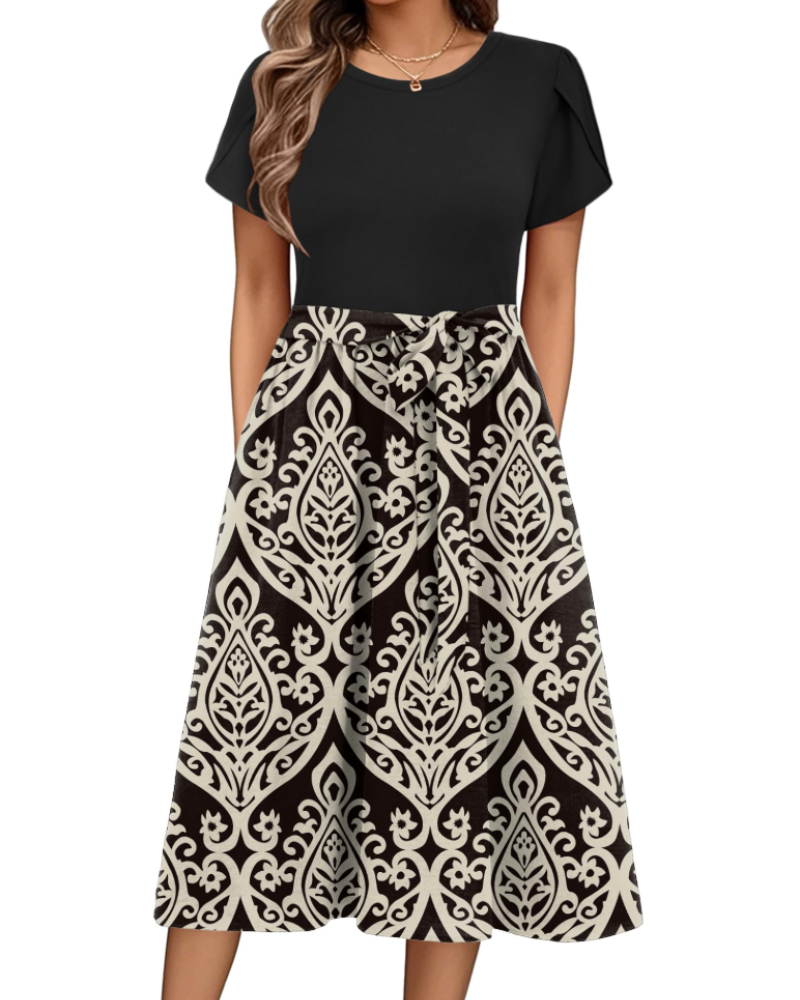Vestido midi de mujer Maureen Abito con estampado floral – mangas de pétalo, cintura ajustable y bolsillos