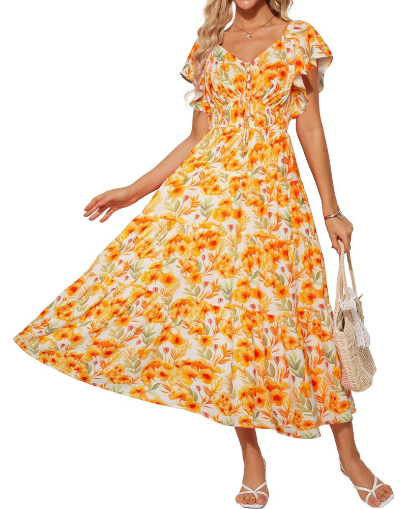 Bailey Women’s Maxi Dress – Floral Print, Square V-Neck, Ruffles, and Pockets