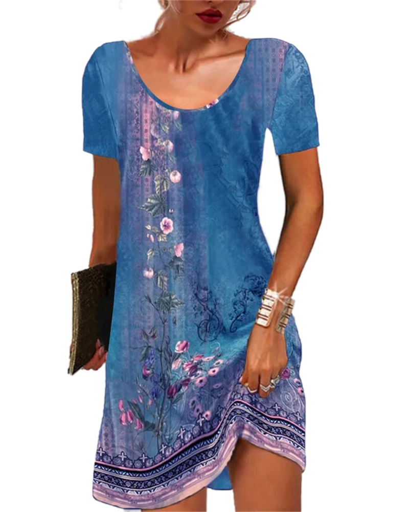 Vestido mini Priscilla para mujer, estilo bohemio – estampado floral, mangas cortas y corte holgado
