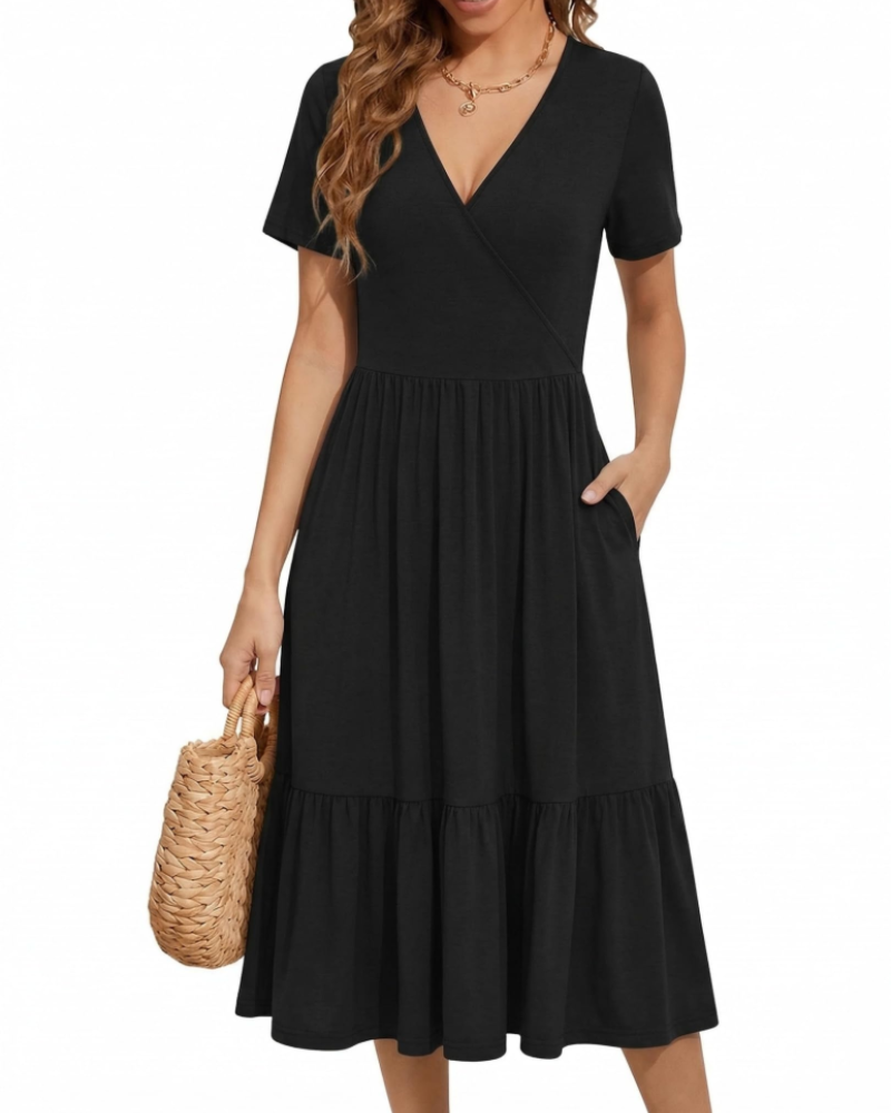 Heather Abito midi da donna floreale – scollo a V, vita alta, maniche corte e tasche