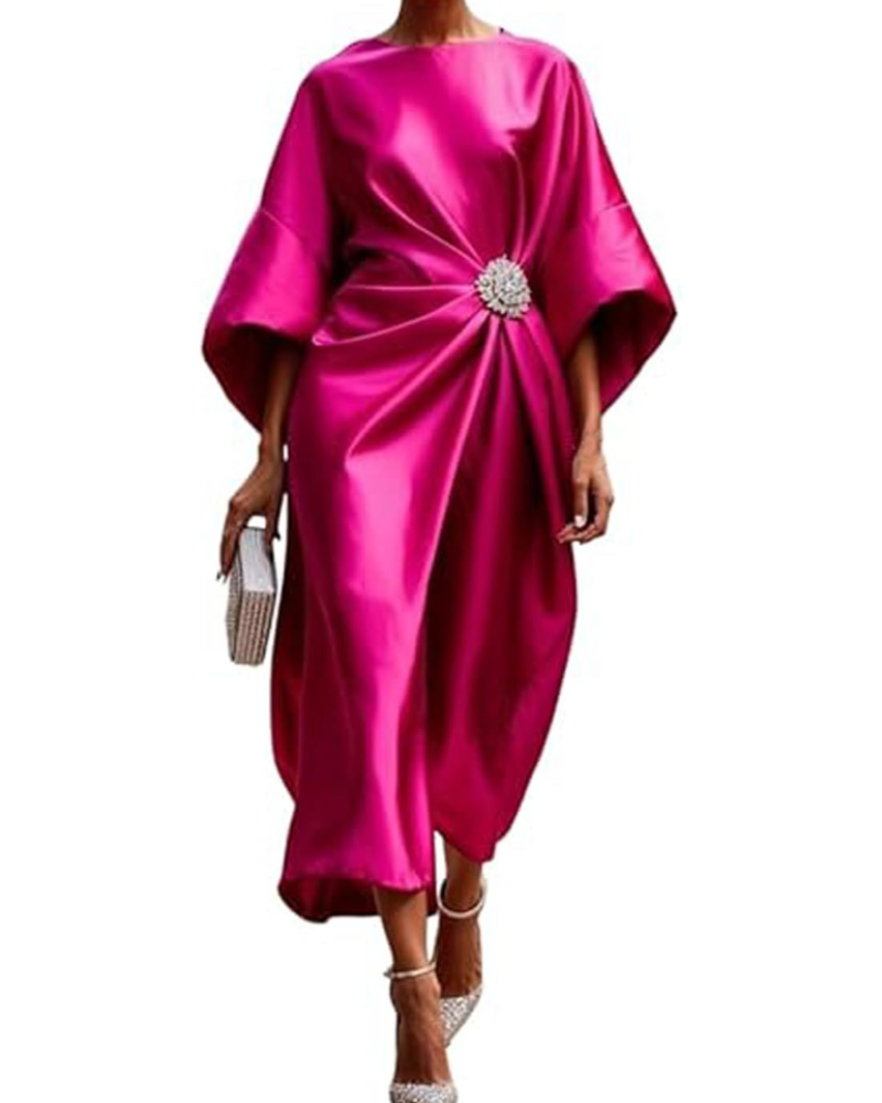 Natalie Abito Maxi Woman – Elegant Satin Dress with Batwing Sleeves and Draped Waist