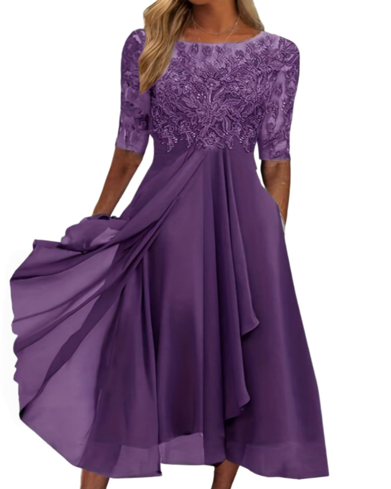 Victoria Women's Midi Dress – Lace and Chiffon Dress with Half Sleeves
