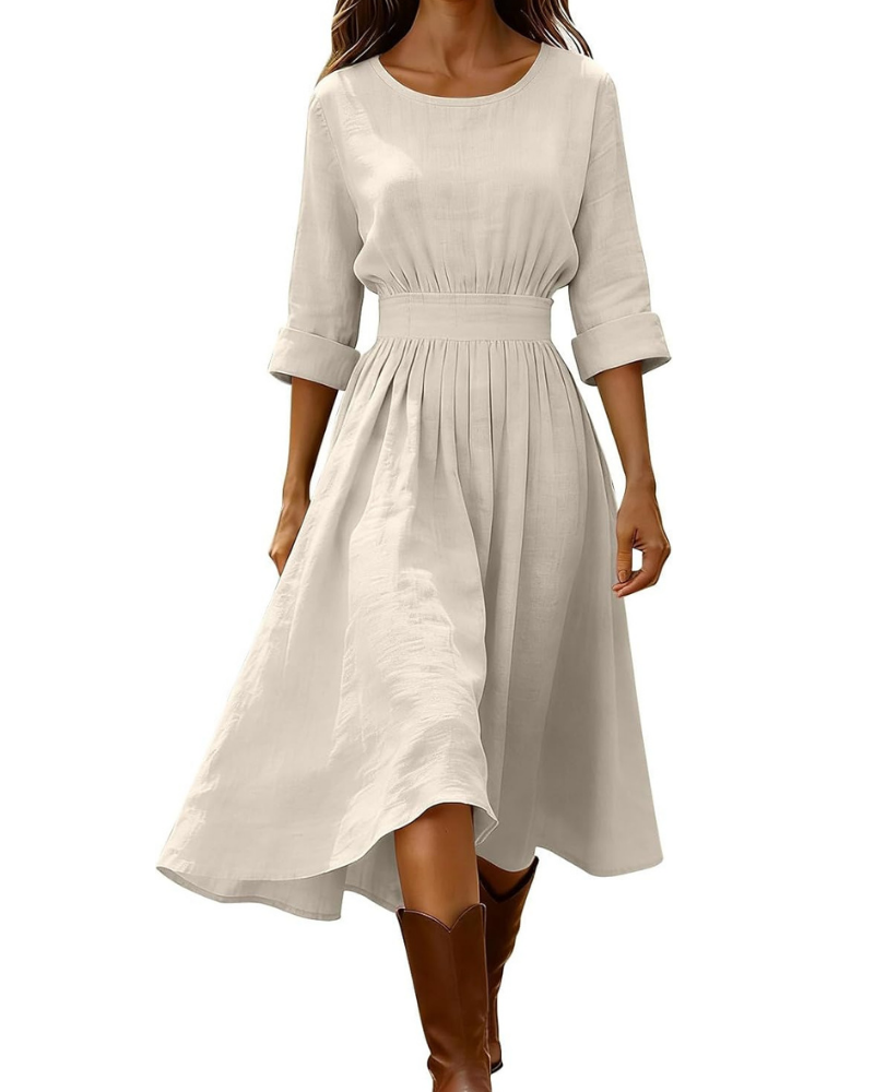 Emily Women's Long Dress – Cotton and Linen, V-Neck, Short Sleeves, and Vintage Buttons