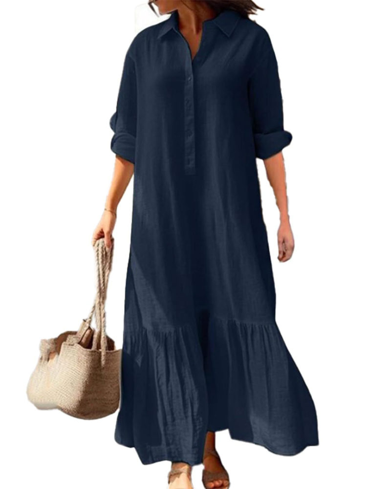 Brooke Long Dress for Women – Cotton and Linen Dress with Collar and Asymmetric Hem