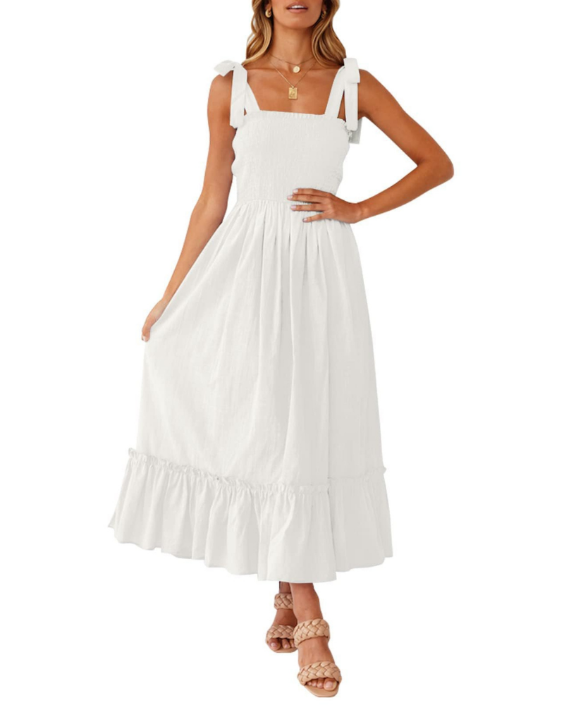 Amelia Women's Dress – Boho Floral Dress with Tied Straps, Smocked Bust & Tiered Skirt