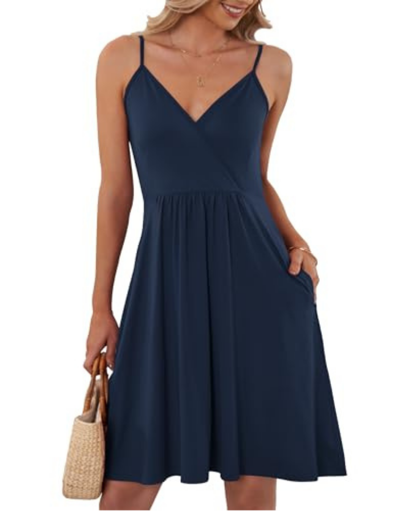 Everly Vestido Corto de Mujer – Escote en V, Tirantes Finos y Bolsillos Laterales