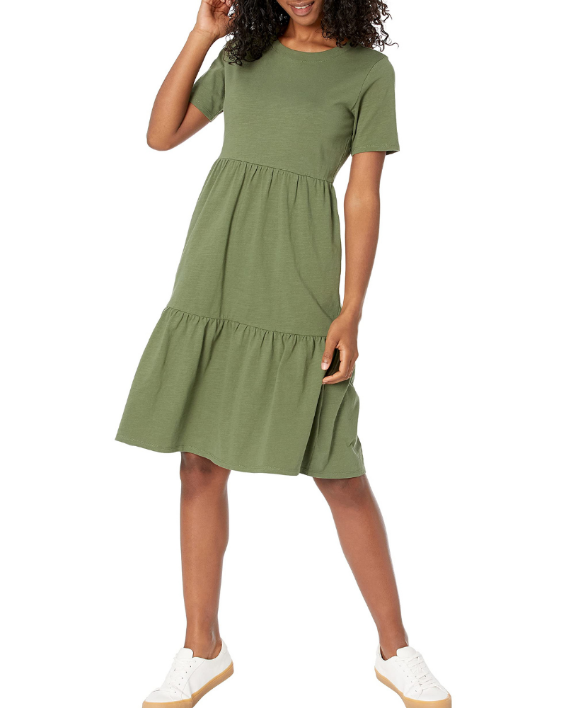 Robe évasée pour femme Bethany Abito – Robe en coton avec col rond, manches courtes et volants