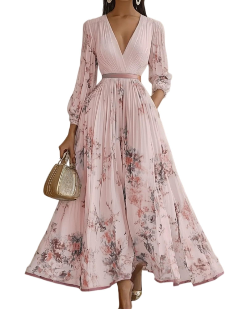 Isabella Vestido Mujer Maxi – Vestido Floral de Chifón con Escote en V y Cintura Alta