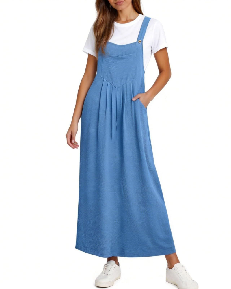 Madison Women's Overalls Dress – A-Line Midi Dress with Adjustable Straps and Pockets