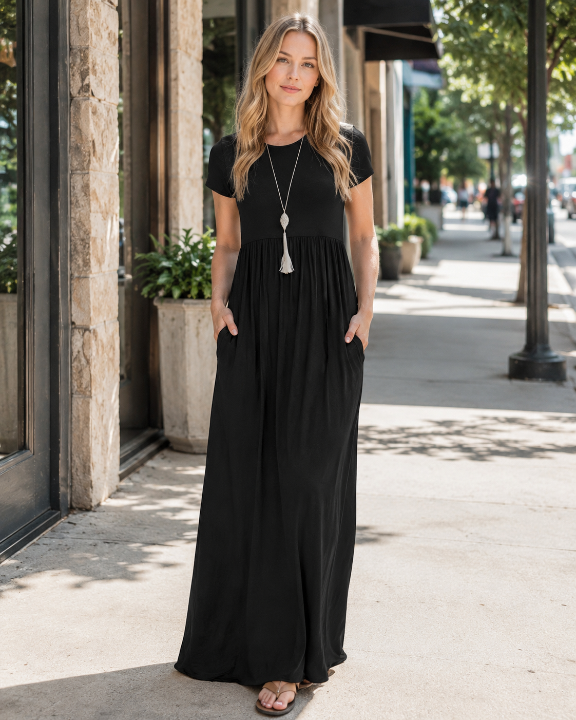 Delphine Abito Maxi Femme – Robe Longue avec Col Rond, Taille Haute et Poches